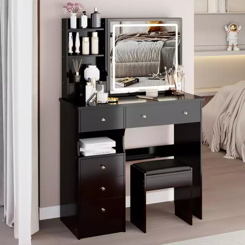Okak 37IN Vanity Table with Cushioned Stool, Makeup Vanity with Large Sliding and Touch Control Mirror, Ample Vanity Desk for Large Space