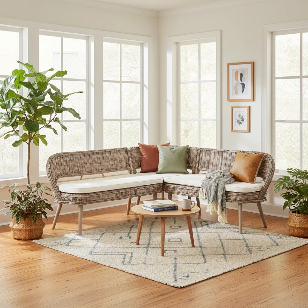 Modern Bohemian Natural Kubu Rattan and Acacia Wood Dining Nook Banquette