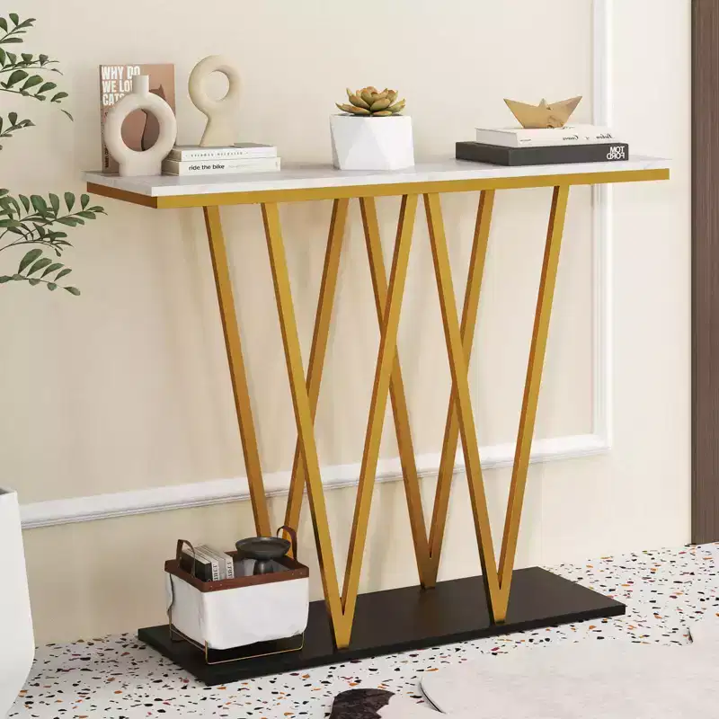 40 Gold Entryway Table with Faux Marble Table & Metal Frame, Storage Base, White