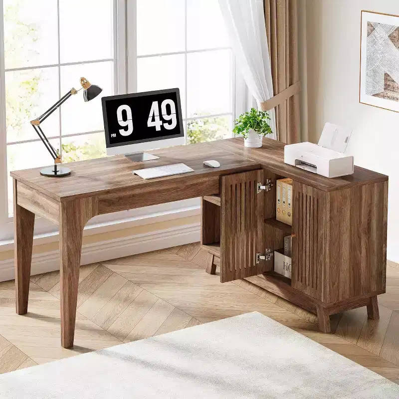 L-Shaped Desk with Storage Cabinet, 57-Inch Wood Corner Workstation, Home Office Computer Desk, Walnut