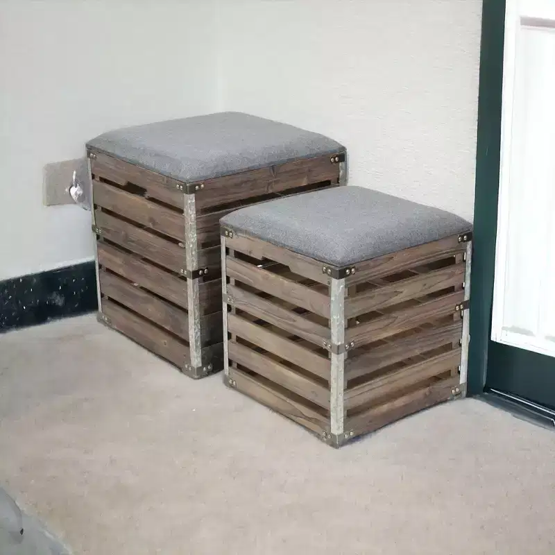 HomeRoots Set Of 2 Square Gray Linen Fabric And Wood Slats Storage Benches