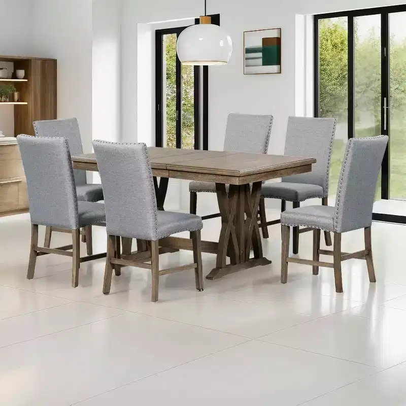 MAYEERTY 7-Piece Mid-Century Solid Wood Extendable Dining Table Set, 12 Leaf, Upholstered Chairs for 6 Person, Golden Brown + Gray