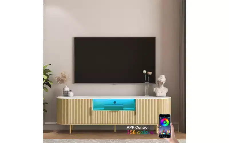 TV Stand for Living Room, Modern TV Consoles with Power Outlet, Entertainment Center w/Door Cabinets & Open Shelves for Living Room, Bedroom