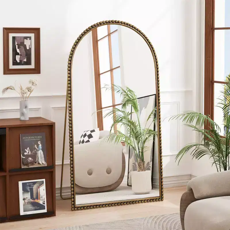 Okak 65*35in Retro Metal Full Body Mirror with Standing, Elegant Arched Mirror, Standing Mirror for Living Room, Bedroom