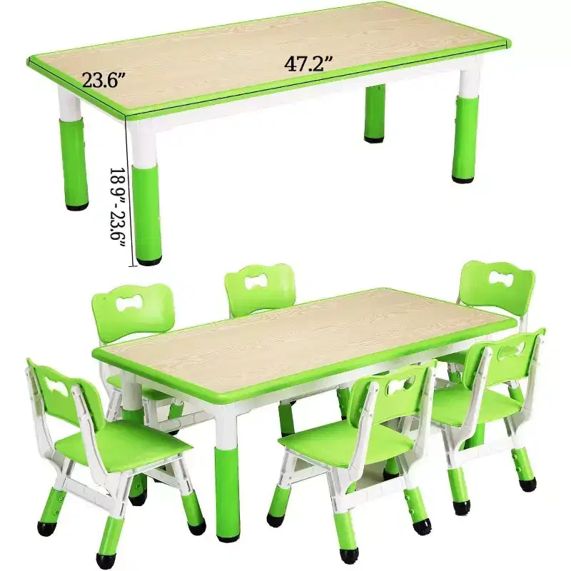 Kids Table and 6 Chair Set - Height Adjustable Multifunctional Desk, Ergonomic Chairs, Max 300lbs, Suitable for Ages 2-10, Home, Classroom, Daycares