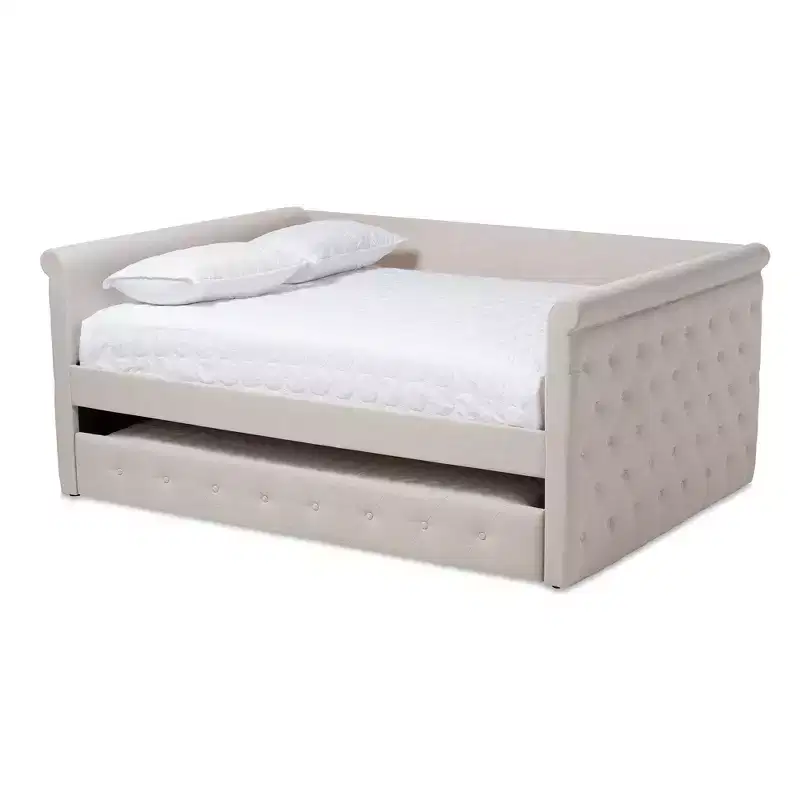 Upholstered Daybed with Trundle - Scrolled Arms & Button Tufting