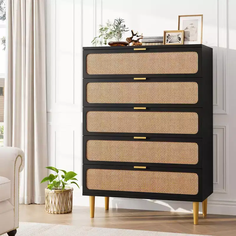 5-Drawer Rattan Dresser for Bedroom, Large Wooden Chest with Wide Top for Bedroom, Living Room, Hallway, or Kids Room