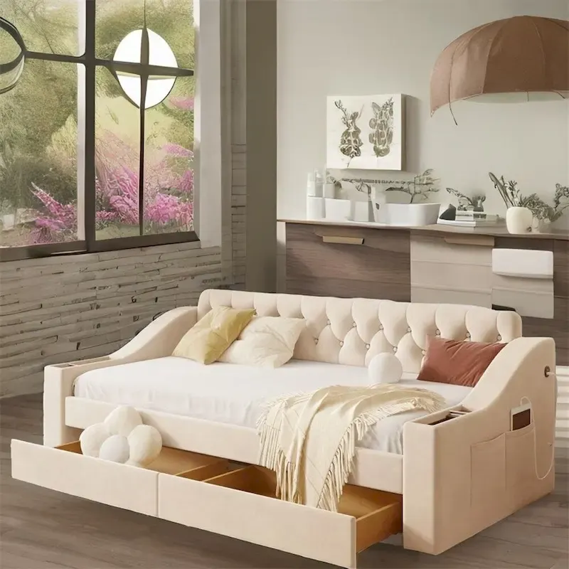 Beige/Gray Velvet Twin Daybed with Storage Drawers & USB Ports – 1-Person