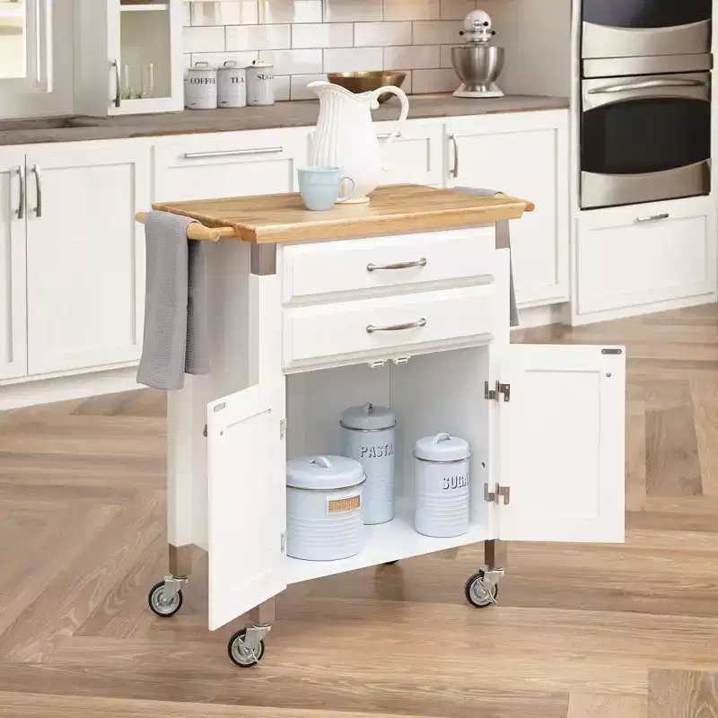 Home Styles Small Dolly Madison Kitchen Cart with Natural Top Off White: Mobile Storage, Hardwood Frame, 2 Drawers & Doors