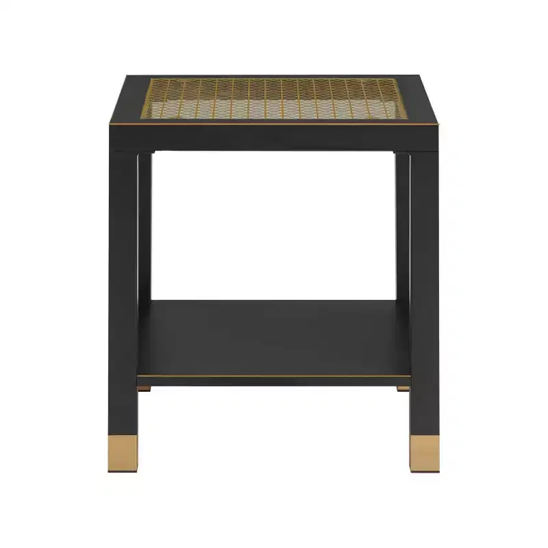 Gold Mesh Glass Square Side Table with Metal Frame