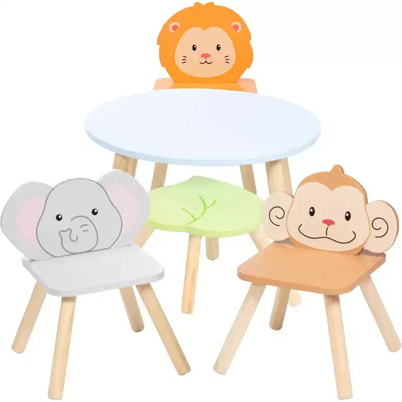 Kids Wooden Animal Table & Chair Set w 4 Seats - Monkey Lion & Elephant Plus Adult Stool for Arts Crafts, Dining, Pretend Play- Durable Playroom