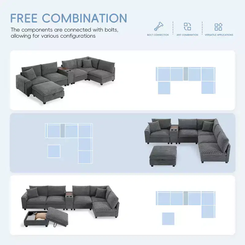 Modern Chenille 4-seat Sectional Sofa with Ottoman, L-Shaped Cloud Couch Set with Throw Pillows