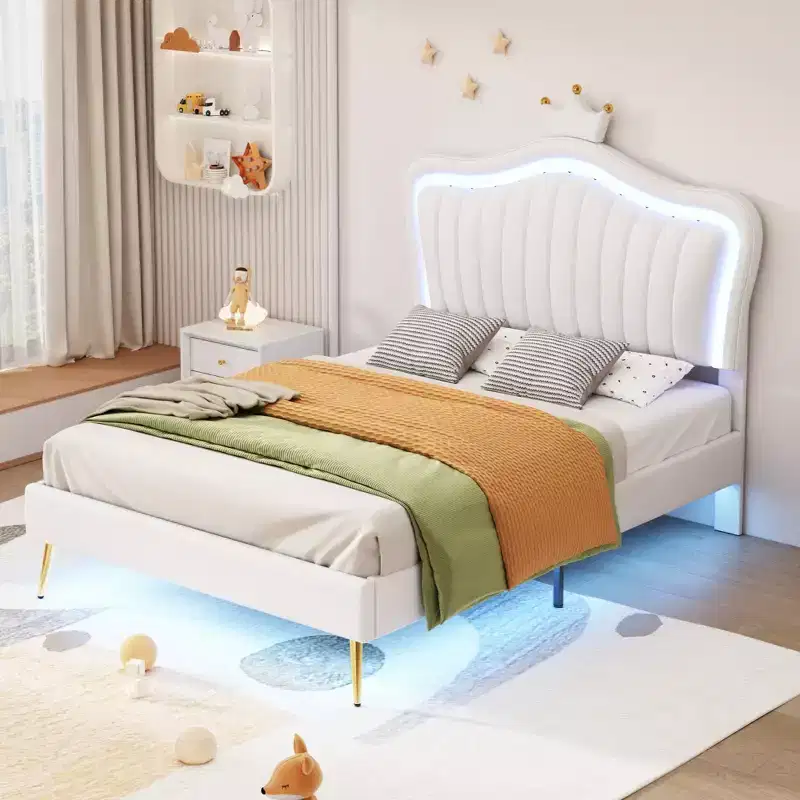 Full/Twin LED Bed Frame with Crown Headboard, Upholstered PU Platform Princess Beds with Light for Kids Girls