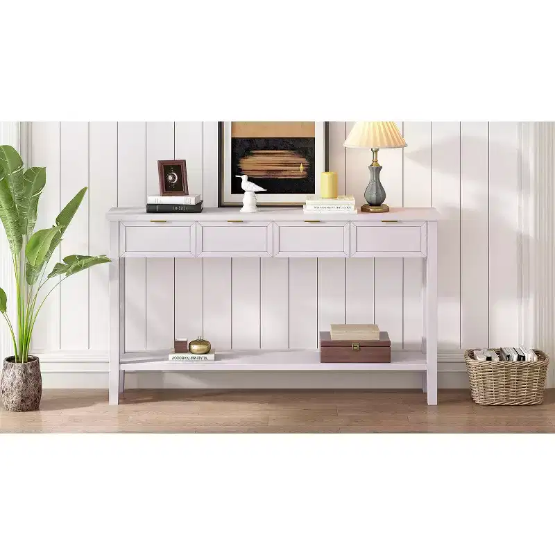 Narrow Console Table with Storage, Minimalist Wood Entryway Table with 4 Drawers and Bottom Shelf for Hallway and Entryway