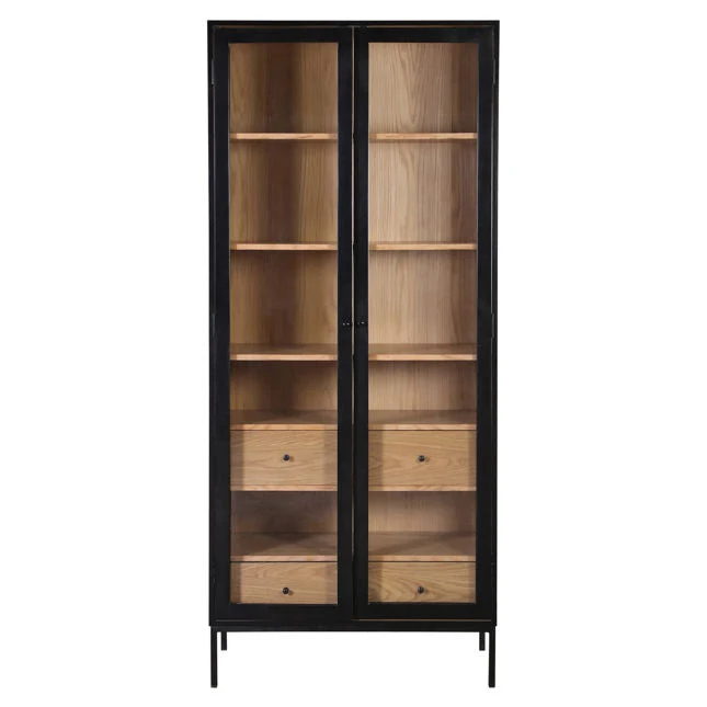 Modern Industrial Oak Veneer & Metal Cabinet with Large Glass Doors for Living Room or Study