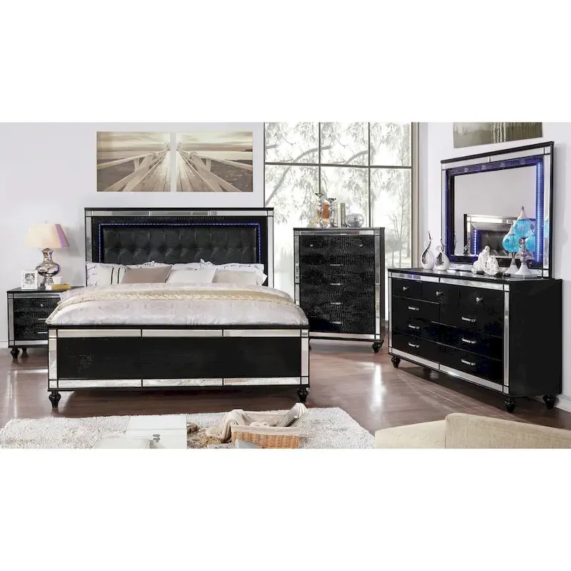 Derc Modern Solid Wood Upholstered Tufted Panel Bed with LED by Furniture of America