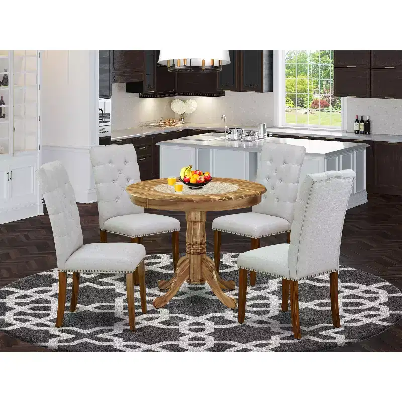 HomeStock Belmont 5-Piece Kitchen Dinette Set, Round Kitchen Table & 4 Parson Chairs, Natural Finish