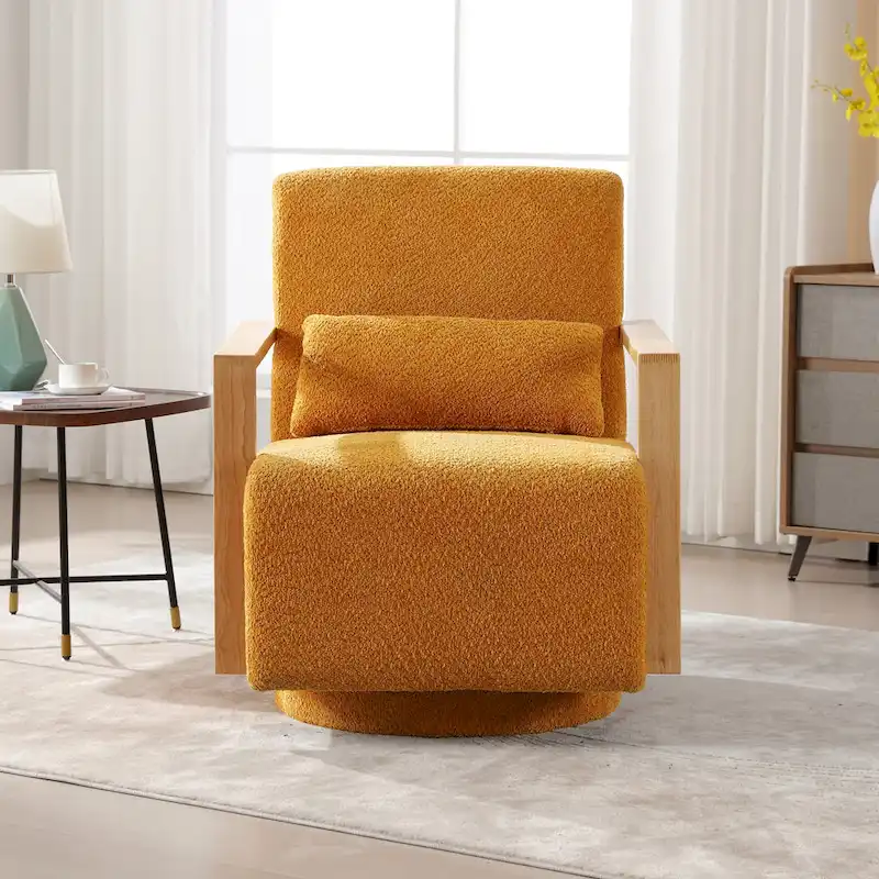 Mid-Century Boucle Upholstered Swivel Armchair With Pillow