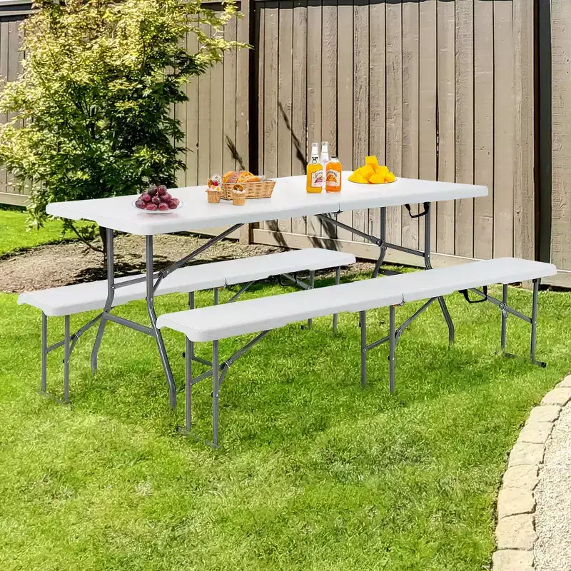 Costway Outdoor Camping Table Set Folding Picnic Long Table with 2 Bench Seats