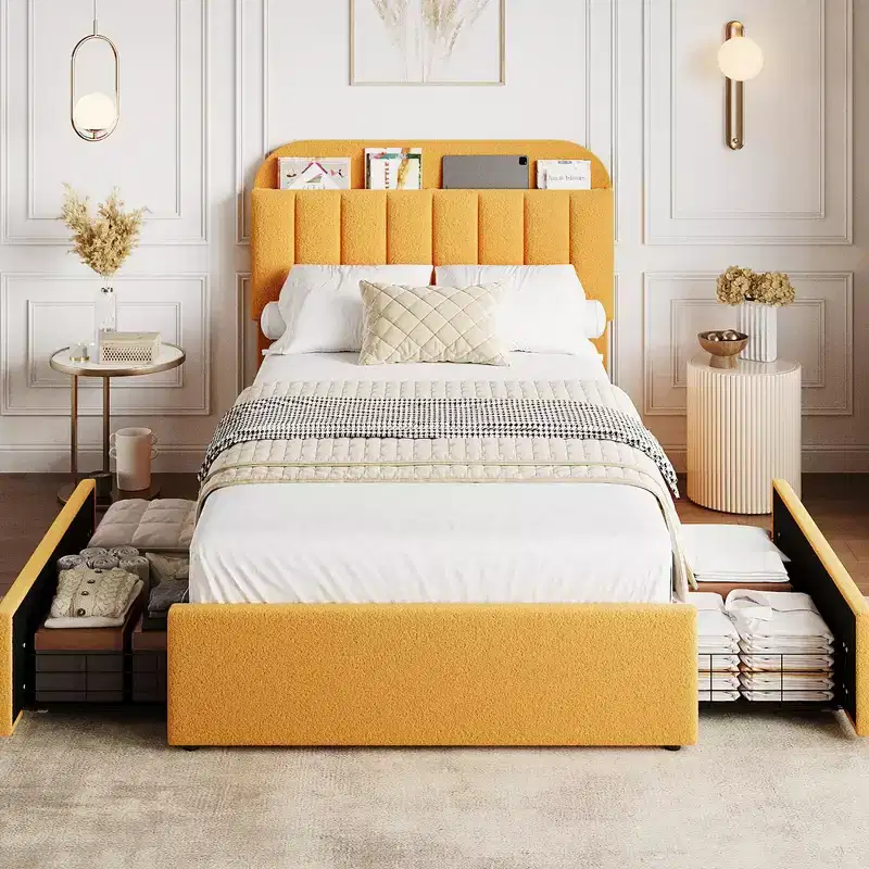 Bed Frame with Storage Headboard, Kids Bed Frame with 2 Drawers, Boucle Upholstered Platform Bed with Bookcase, No Box Spring Needed, Easy Assembly
