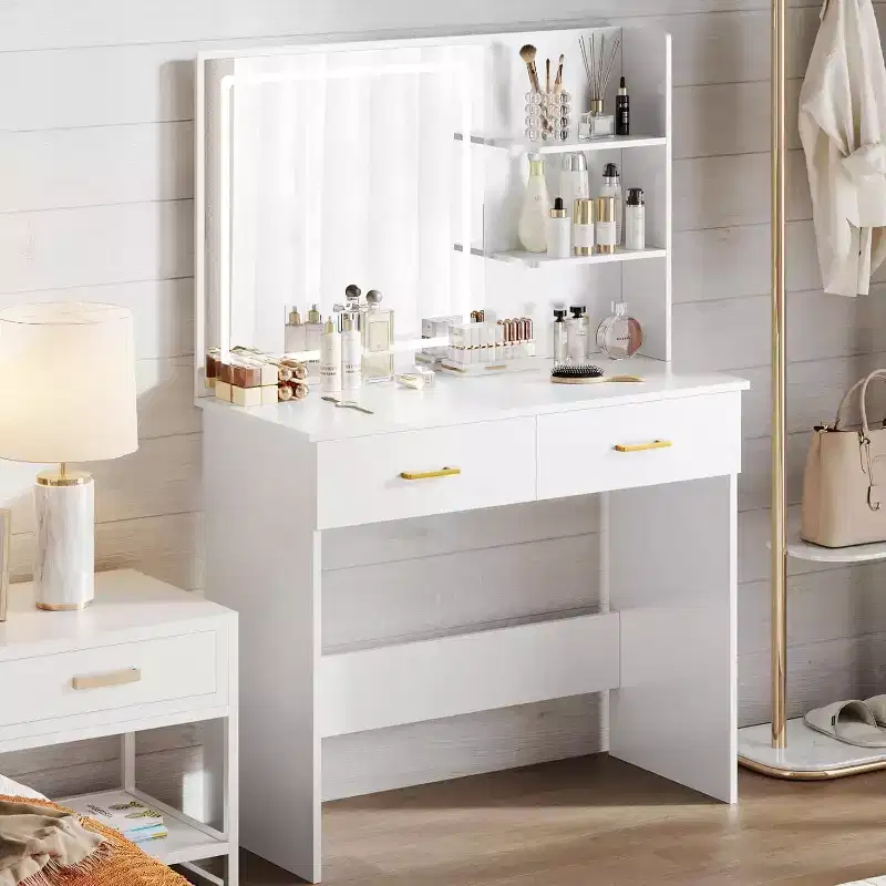 Vanity Desk with LED Mirror, 3-Foot White Makeup Table with Drawers & Shelves