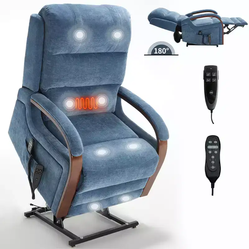 Power Chenille Lift Recliner Chair Dual Motor Infinite Position with Solid Wood Armrests, Heat Massage and Heavy Duty Motion Mechanism