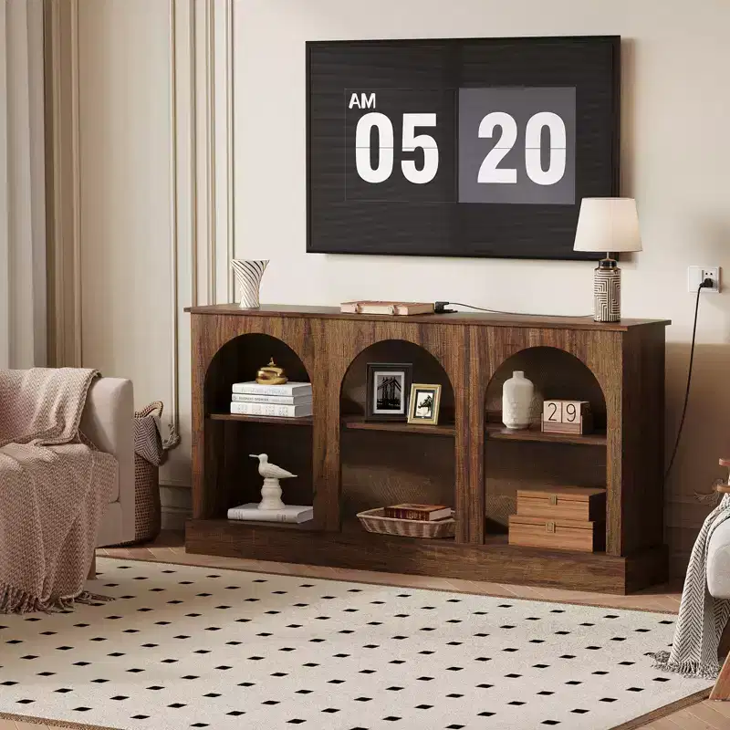 Arched TV Stand for TVs up to 75, 63 Entryway Console Table with Charging Station, Wooden Entertainment Center & Sofa Table for Living Room,Hallway