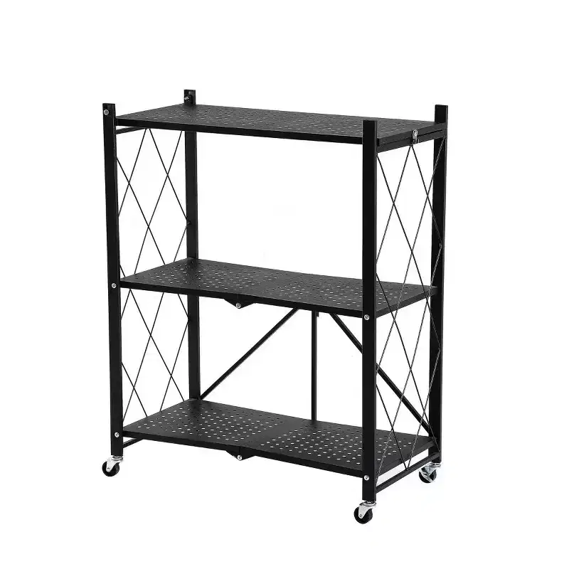 Foldable Storage Shelf with Wheels - Metal Collapsible Shelving Unit, Rolling Cart for Books & Kitchen