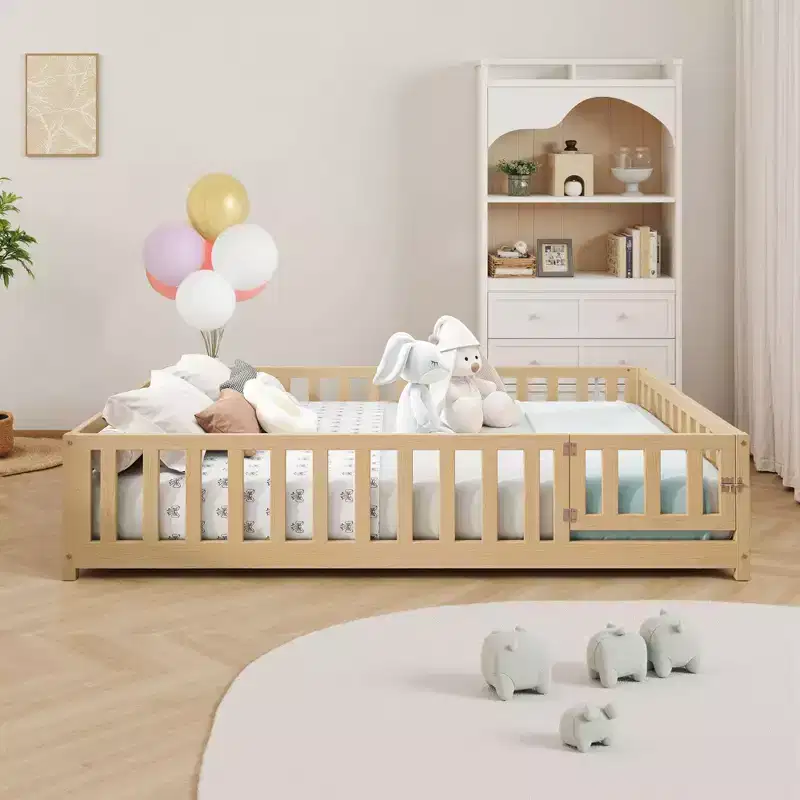 Full Size Toddler Floor Bed for Kids with Support Slats and Door,Modern Montessori Bed with Guardrails for Bedroom