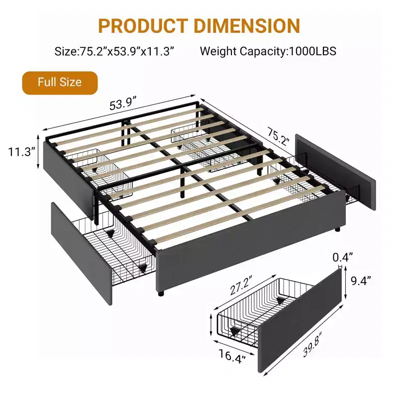 Platform Bed Frame with 4 Storage Drawers, Fabric Upholstered, Wooden Slats Support, No Box Spring Needed, Noise Free, Easy Assembly