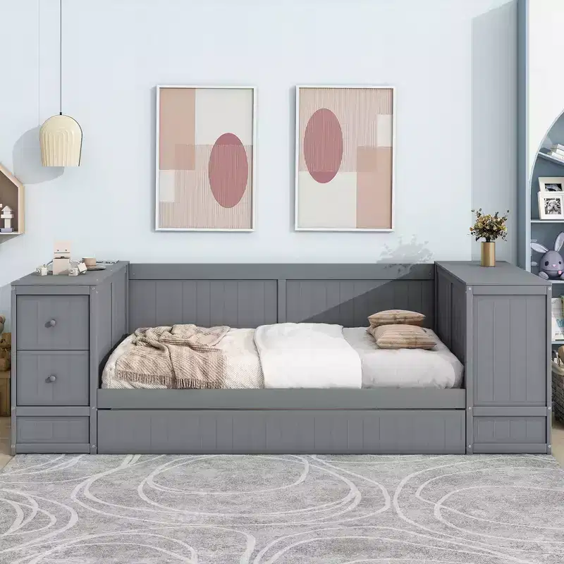 Twin Size Daybed with Trundle and Drawers, Twin Sofa Bed Frame with Storage Arms and Charging Station for Bedroom Living Room