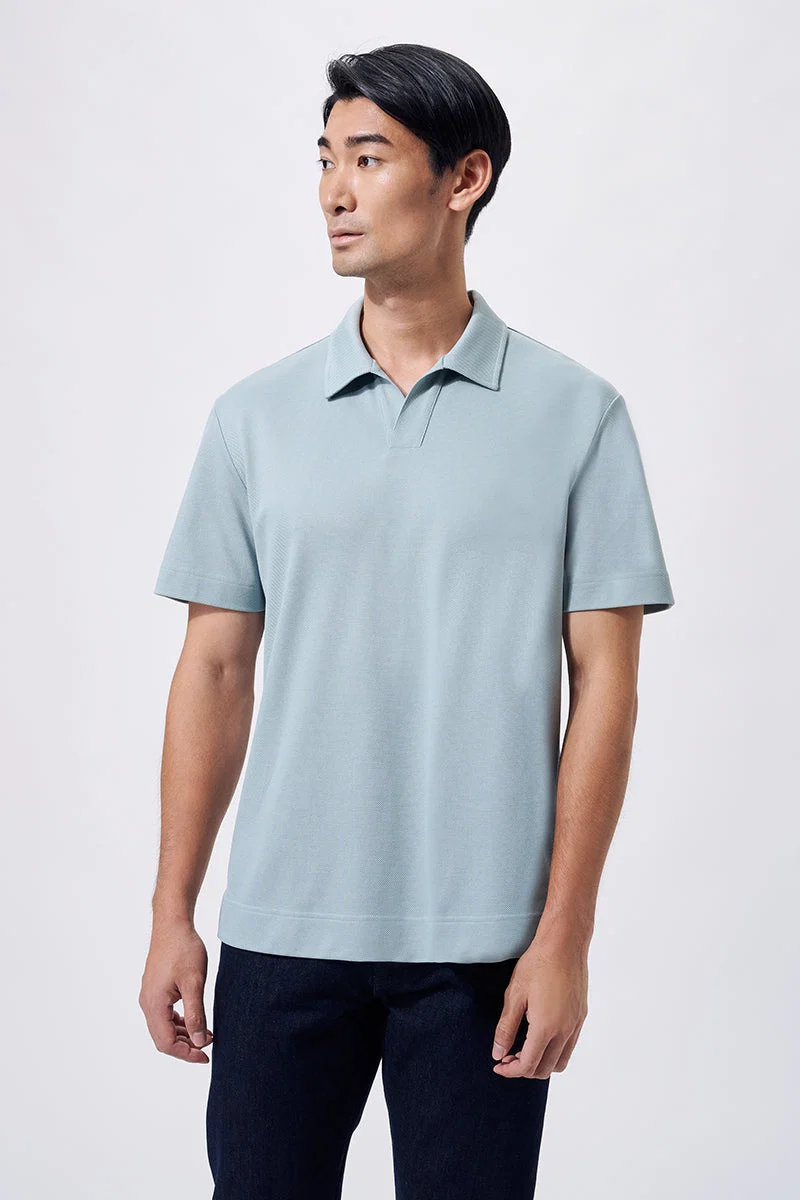 Waffle-Knit Buttonless Polo – Teal Green