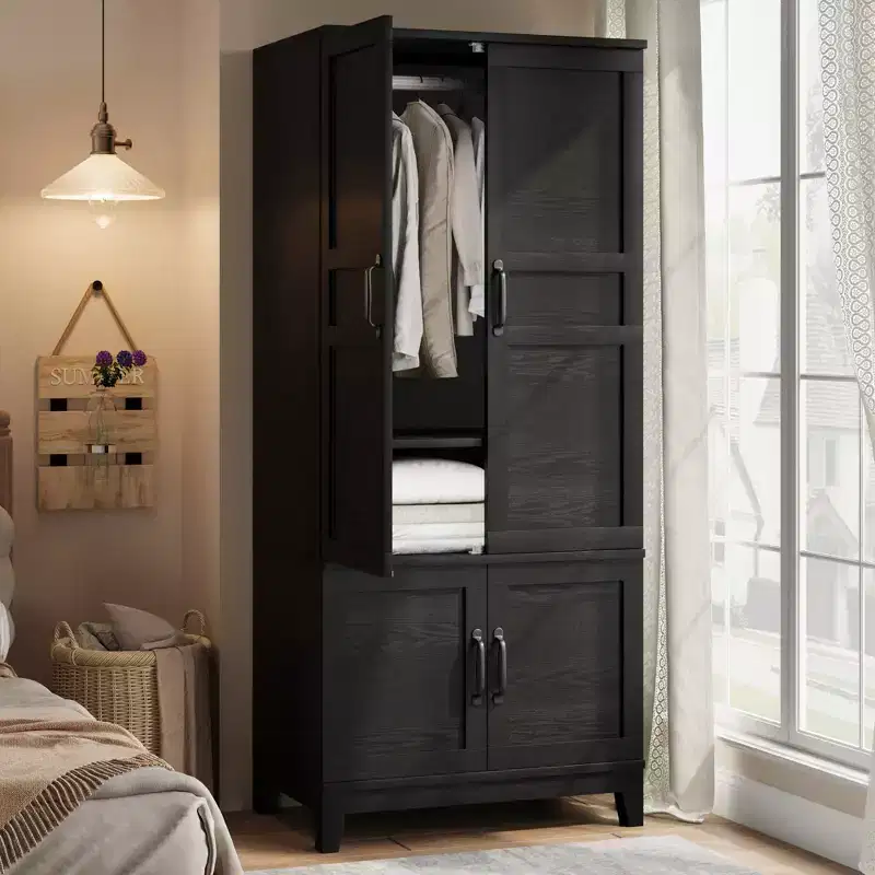 Armoire Wardrobe Closet with 4 Doors,72 Wooden Wardrobe Cabinet with Hanging Rod, Tall Armoire with 18 Adjustable Shelves for Bedroom, Clothes