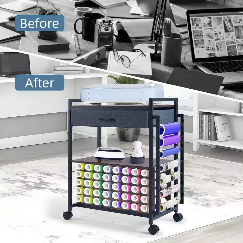 Craft Organizer Rolling Cart, Storage Workstation with Fabric Drawer, 47 Vinyl Roll Holder & Hooks for Craft Room