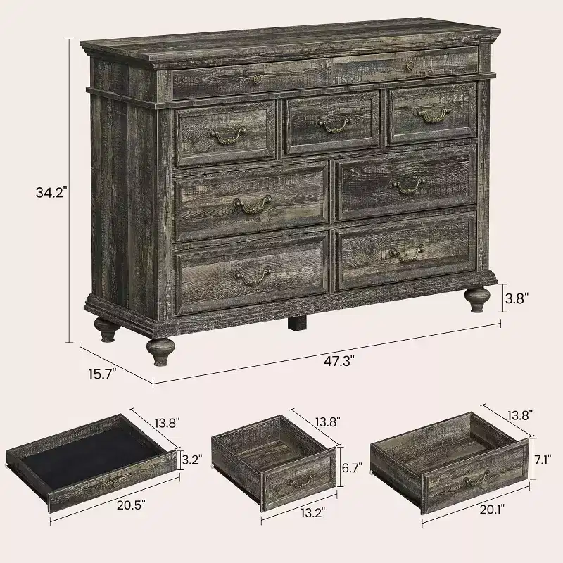 47 Farmhouse Dresser for Bedroom with 9 Drawers, Rustic Wood Chest with Vintage Metal Handles for Bedroom