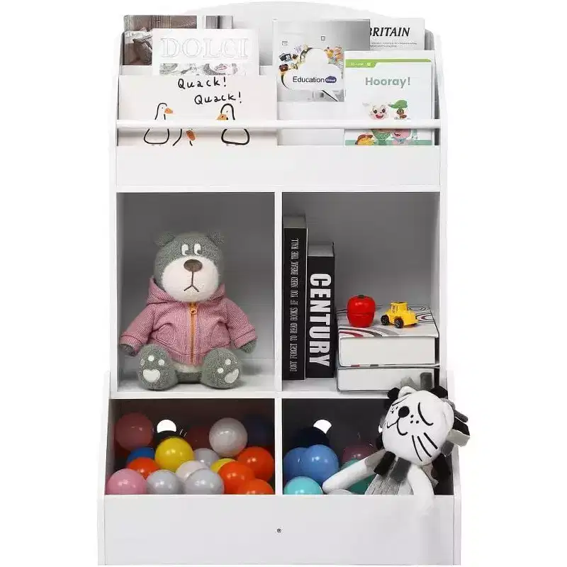 Kids Toy Organizer and Bookshelf, 3-Tier Sling Book Rack with 2 Storage Bins, Pine Wood, Child Safe, 35x14x39 for Playroom Bedroom