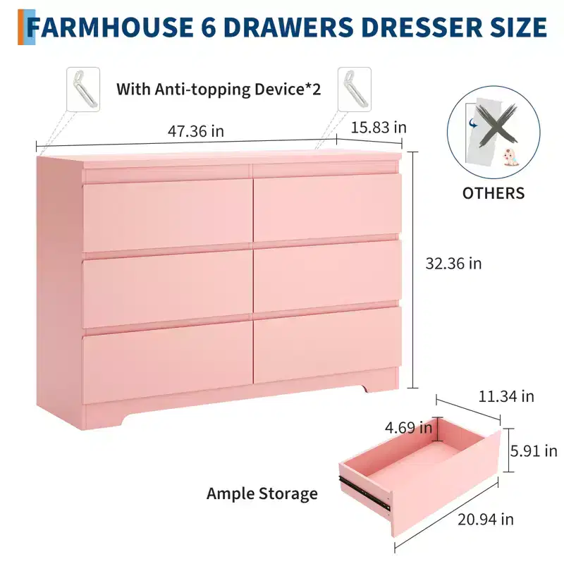 Modern Pink 6 Drawer Dresser, Simply Chest of Drawers for Clothes Storage for Bedroom, Wood Storage Double Dresser for Bedroom, Living Room