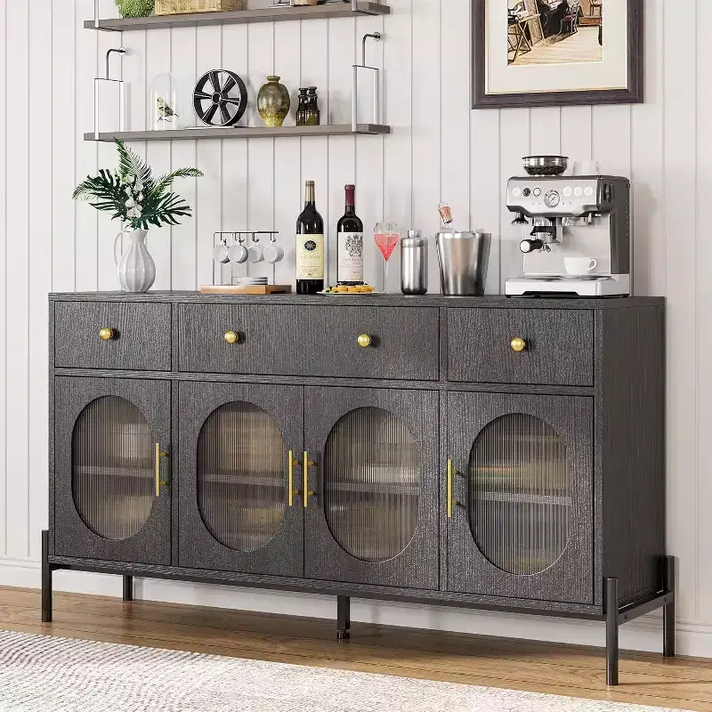 62 Large Sideboard with Storage and 3 Drawers, Self-Service Coffee Bar Storage Cabinet with 4 Glass Doors for Dining Room, Living Room, Kitchen