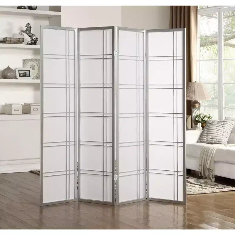 Roundhill Furniture Seto 4-Panel Room Divider Screen, Silver