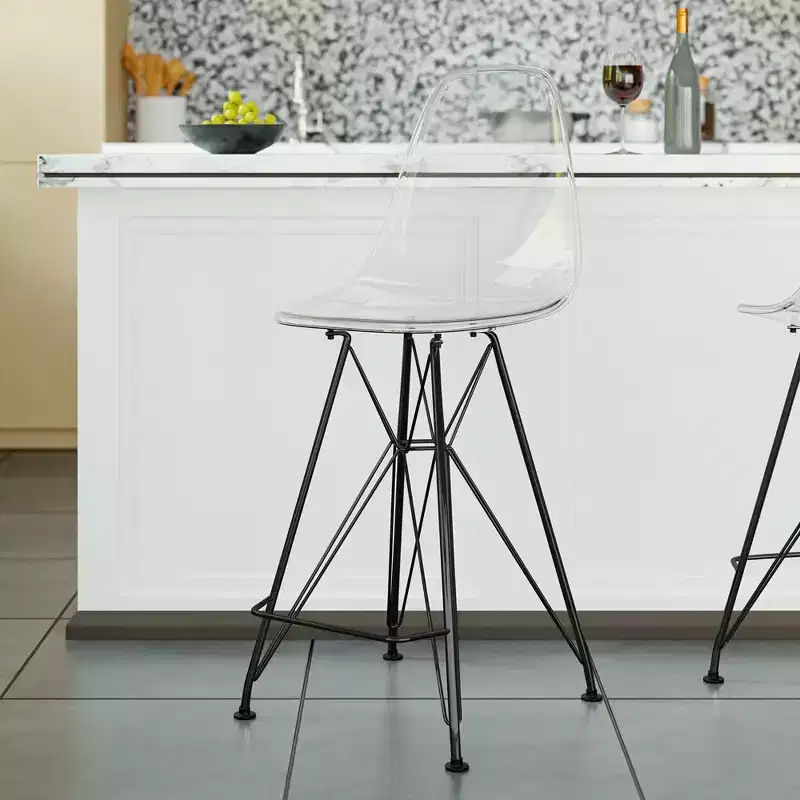 LeisureMod Cresco Mid Century Modern Acrylic Counter Height Barstool with Black Steel Base, Perfect for Kitchen, Dining Room, Bar, or Lounge Seating