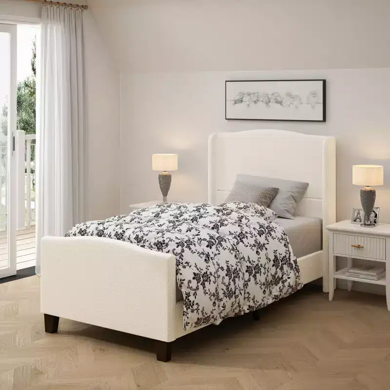 All Size Wooden High Back Platform Bed Frame with Teddy Upholstered Headboard,Modern Soft Bed No Box Spring Needed