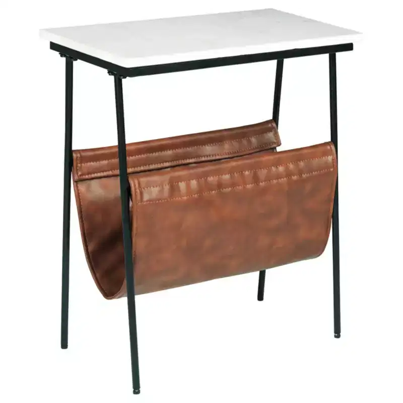 Etanbury Side Table Brown/Black/White - Signature Design by Ashley: Marble Top, Faux Leather Magazine Holder