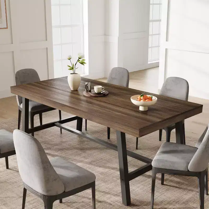 Rustic Wood Dining Table for 6-8 People, Black Metal Legs, Industrial Rectangle, 70.87