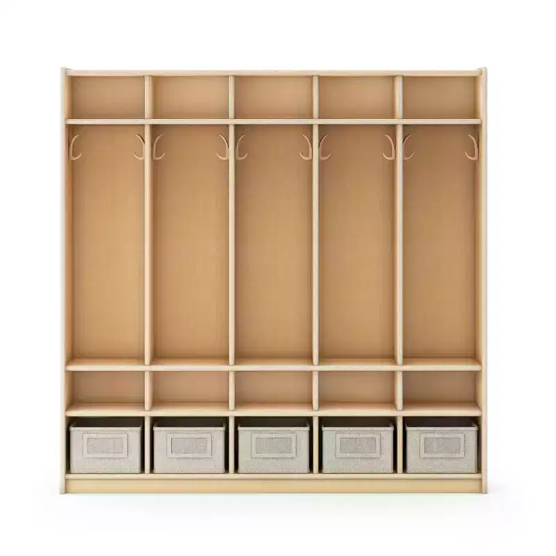 5-Section Wooden Storage Locker for Classroom, Kids Cubby Organizer with Shelves and Hooks for Coats