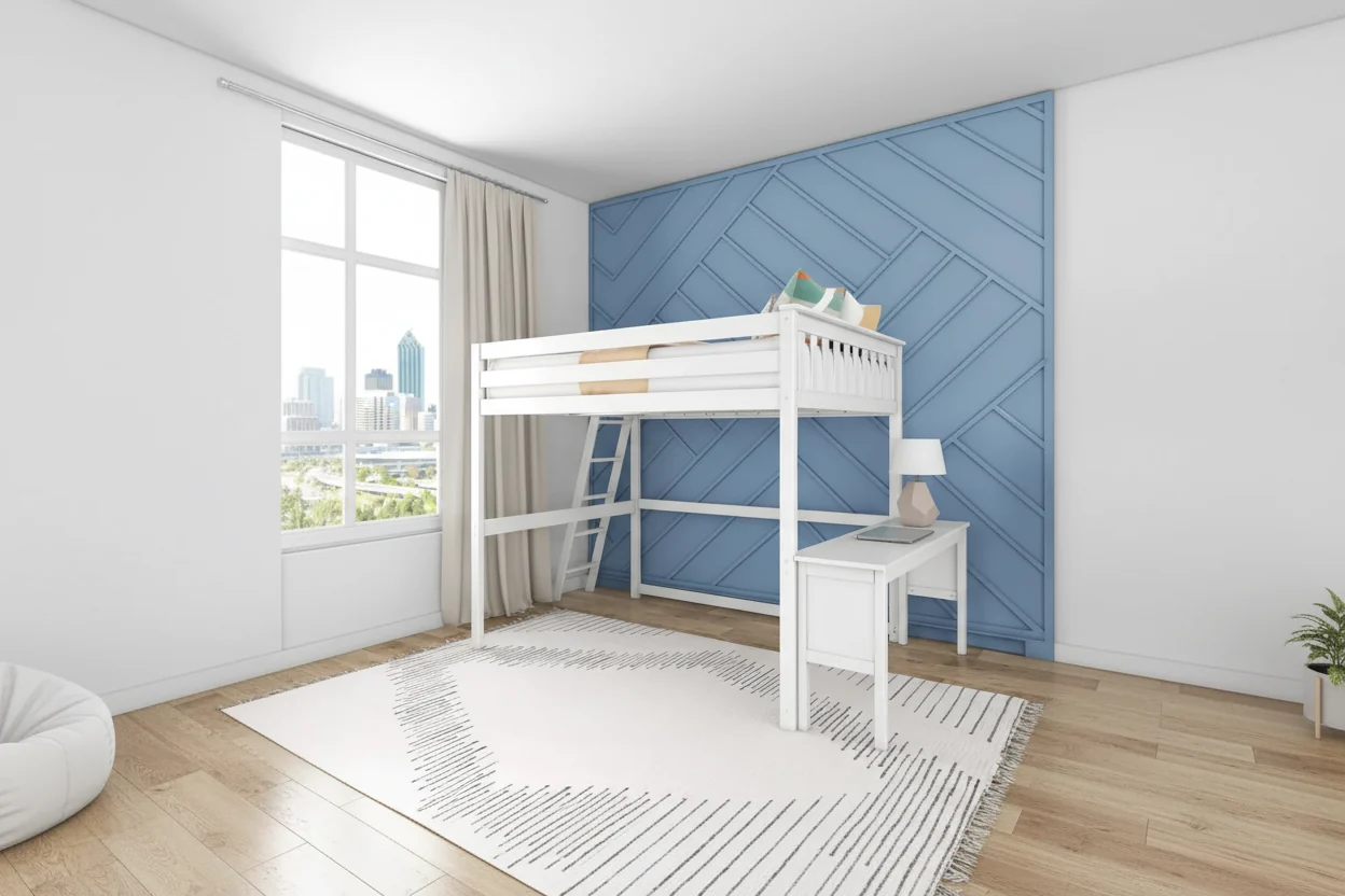 White Full-Size High Loft Bed with Desk & End Ladder, 1-Person