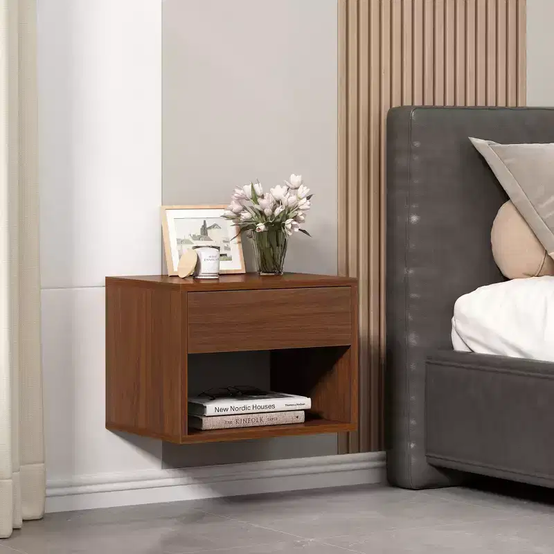 Nightstands with Drawer, Floating Nightstand with Open Storage Shelf, Wall Mounted Wood Bedside Tables, Brown Walnut