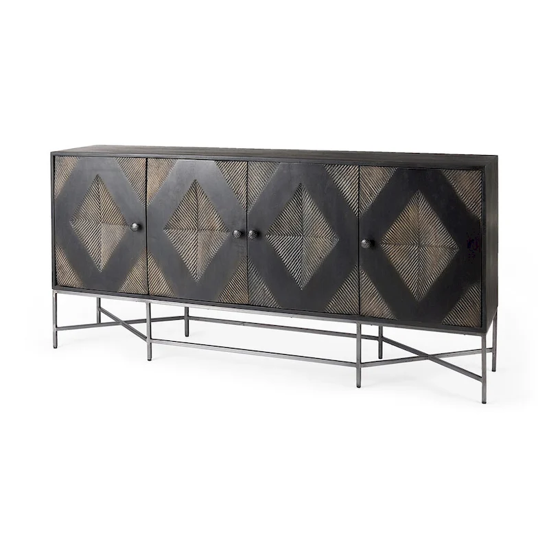 Hogarth I Two-Tone Brown Solid Wood Base Silver Frame 4 Cabinet Sideboard