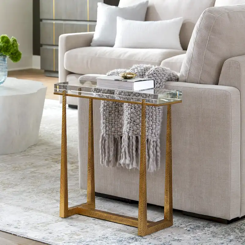 Thick Crystal Top End Accent Table - 24  - Antique Gold