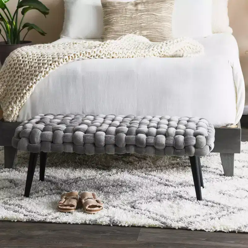 Velvet Entryway Bench, Gray - Upholstered Ottoman, Acacia Frame, 44.5