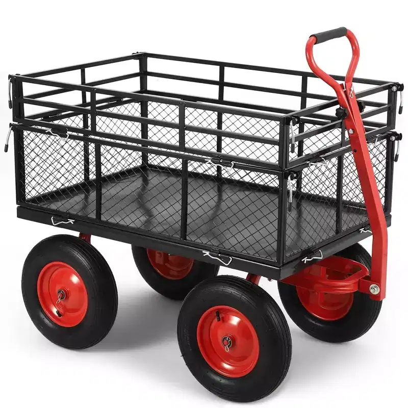 Steel Garden Cart, Heavy Duty Metal Yard Utility Wagon with Removable Mesh Sides, 2-in-1 180Rotating Handle and 16 inch Wheels, Steel Utility
